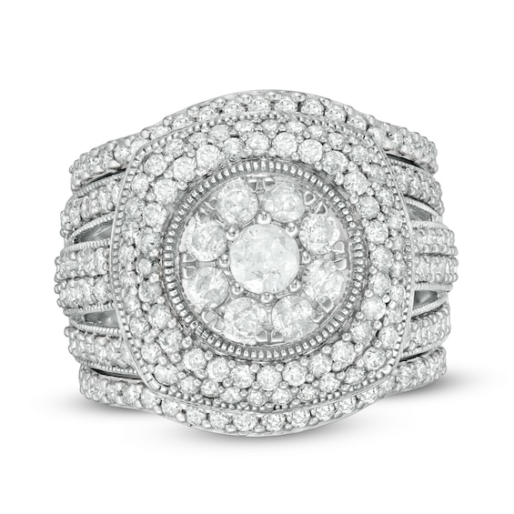 2.23 CT. T.W. Composite Diamond Cushion Frame Multi-Row Vintage-Style Three Piece Bridal Set in 10K Gold