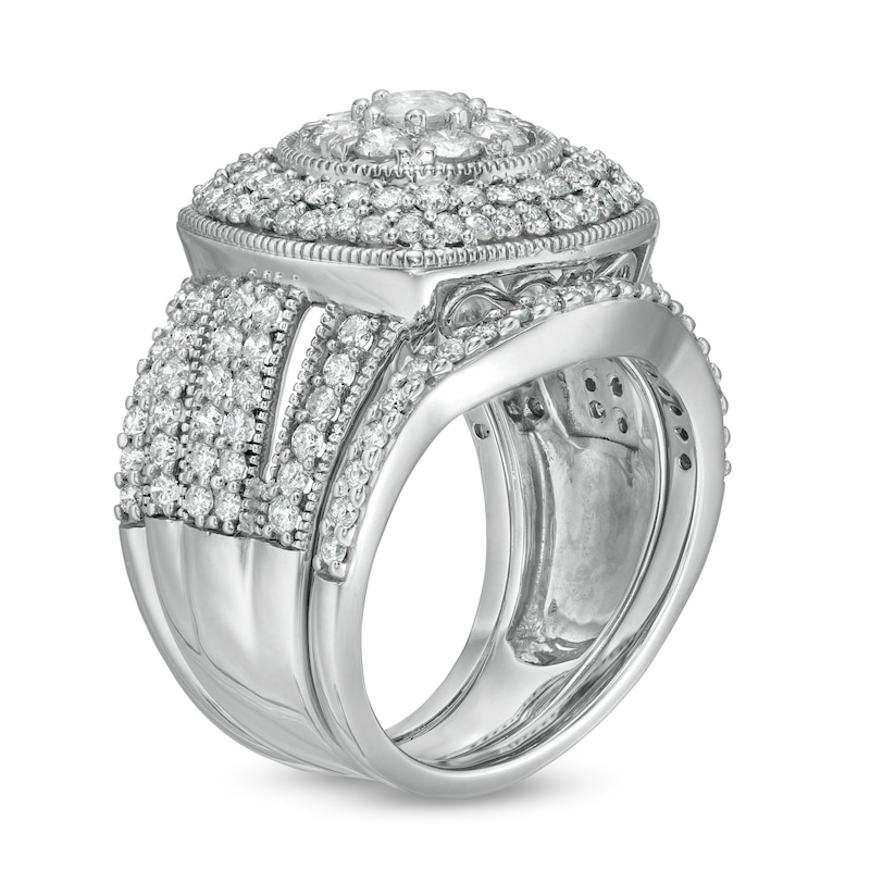 Main Image 3 of 2.23 CT. T.W. Composite Diamond Cushion Frame Multi-Row Vintage-Style Three Piece Bridal Set in 10K White Gold