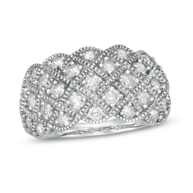 0.95 CT. T.W. Composite Diamond Quilted Multi-Row Vintage-Style Ring in 10K White Gold|Peoples Jewellers