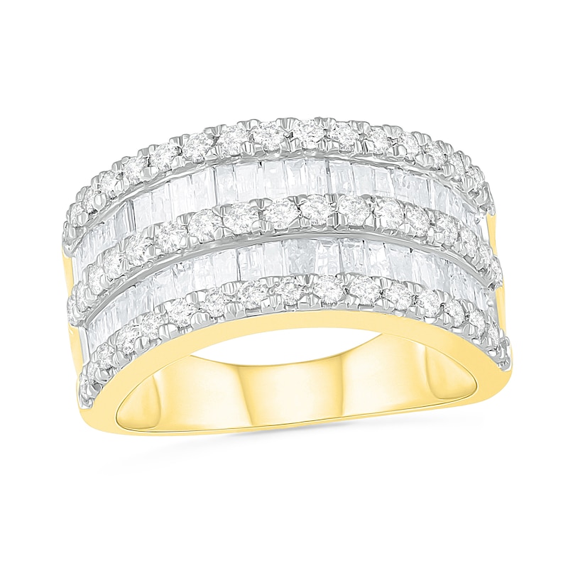 Main Image 1 of 1.96 CT. T.W. Baguette and Round Diamond Multi-Row Ring in 10K Gold
