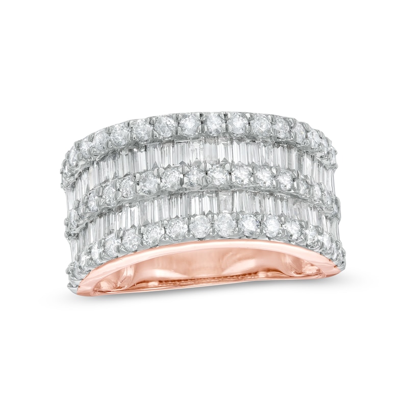 1.96 CT. T.W. Baguette and Round Diamond Multi-Row Ring in 10K Rose Gold