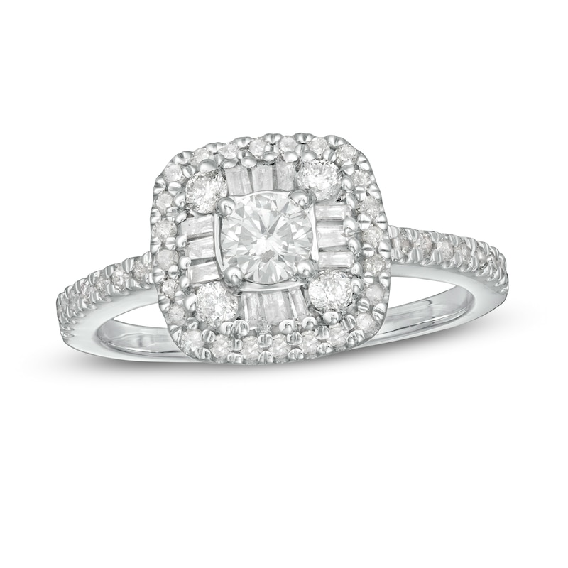 0.69 CT. T.W. Baguette and Round Diamond Frame Ring in 10K White Gold