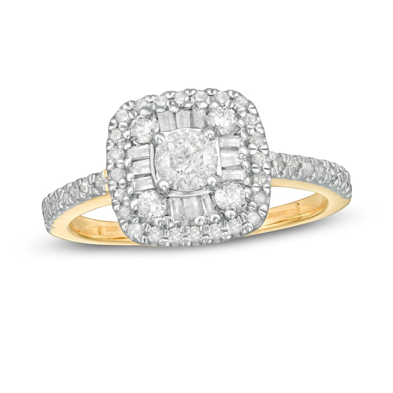 0.69 CT. T.W. Baguette and Round Diamond Cushion Frame Ring in 10K Gold