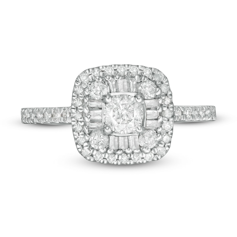 0.69 CT. T.W. Baguette and Round Diamond Cushion Frame Ring in 10K Gold