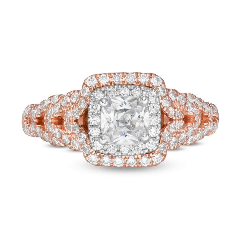 Main Image 4 of Kleinfeld® 0.95 CT. T.W. Cushion-Cut Diamond Double Frame Engagement Ring in 14K Two-Tone Gold