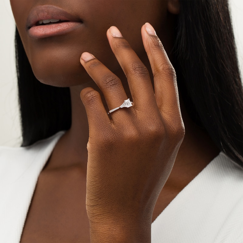 Main Image 2 of Kleinfeld® 0.95 CT. T.W. Emerald-Cut Diamond Tiered Engagement Ring in 14K White Gold