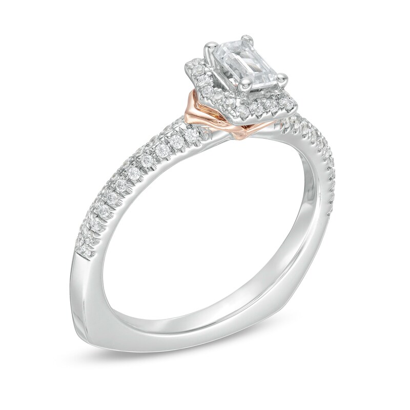 Main Image 3 of Kleinfeld® 0.69 CT. T.W. Emerald-Cut Diamond Frame Engagement Ring in 14K Two-Tone Gold