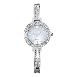 Ladies' Citizen Eco-Drive® Silhouette Crystal Accent Bangle Watch with Mother-of-Pearl Dial (Model: EM0860-51D)