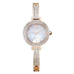 Ladies' Citizen Eco-Drive® Silhouette Crystal Rose-Tone Bangle Watch with Mother-of-Pearl Dial (Model: EM0863-53D)