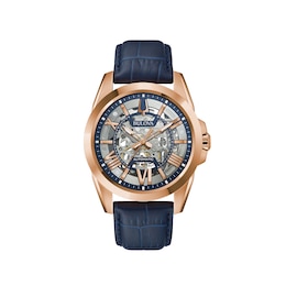 Men's Bulova Sutton Automatic Rose-Tone Strap Watch with Two-Tone Skeleton Dial (Model: 97A161)