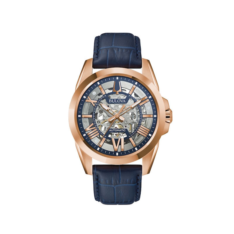 Men's Bulova Sutton Automatic Rose-Tone Strap Watch with Two-Tone Skeleton Dial (Model: 97A161)