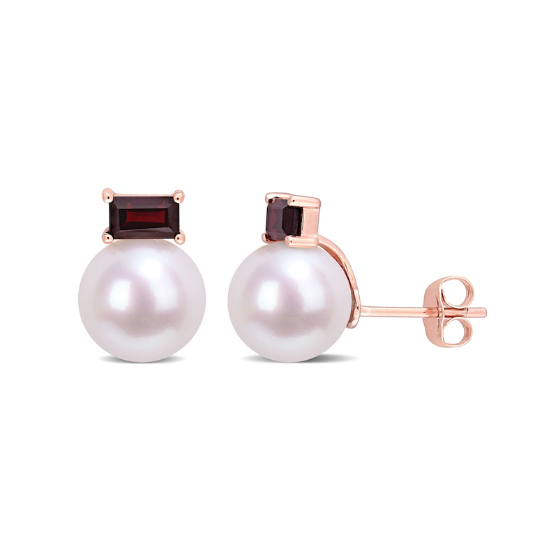 9.0-9.5mm Cultured Freshwater Pearl and Sideways Baguette Garnet Stud Earrings in 10K Rose Gold|Peoples Jewellers