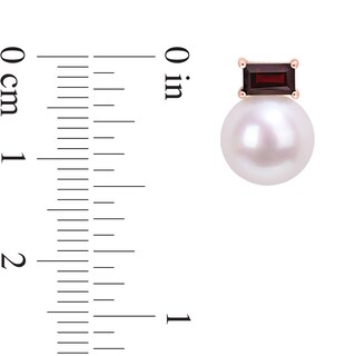 9.0-9.5mm Freshwater Cultured Pearl and Sideways Baguette Garnet Stud Earrings in 10K Rose Gold