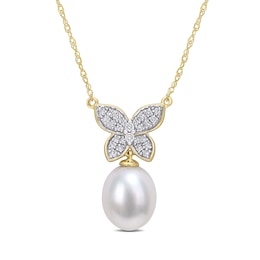 9.0-10.0mm Baroque Freshwater Cultured Pearl Drop and 0.13 CT. T.W. Diamond Butterfly Necklace in 10K Gold-17"