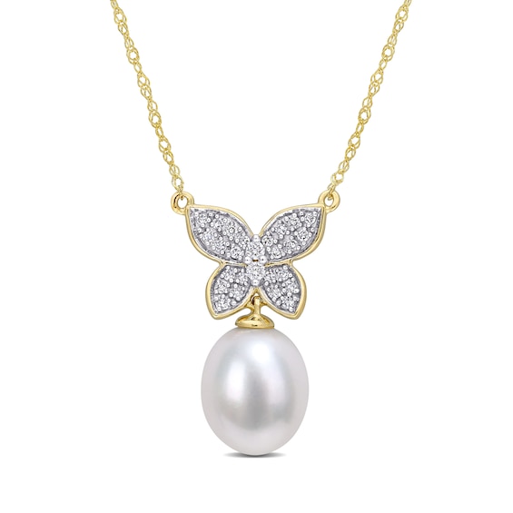 9.0-10.0mm Baroque Freshwater Cultured Pearl Drop and 0.13 CT. T.W. Diamond Butterfly Necklace in 10K Gold-17"