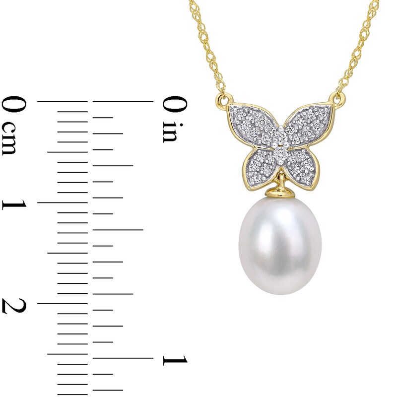 9.0-10.0mm Baroque Freshwater Cultured Pearl Drop and 0.13 CT. T.W. Diamond Butterfly Necklace in 10K Gold-17"