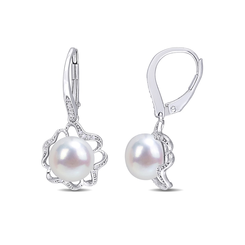 Main Image 1 of 9.0-9.5mm Button Freshwater Cultured Pearl and 0.118 CT. T.W. Diamond Clover Frame Drop Earrings in Sterling Silver