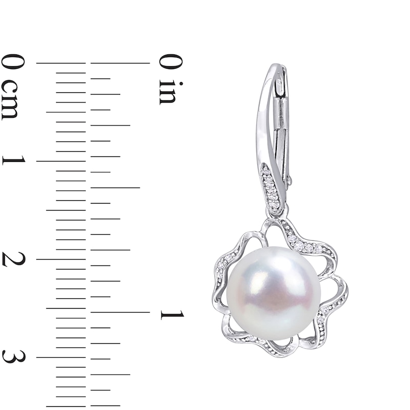 Main Image 3 of 9.0-9.5mm Button Freshwater Cultured Pearl and 0.118 CT. T.W. Diamond Clover Frame Drop Earrings in Sterling Silver