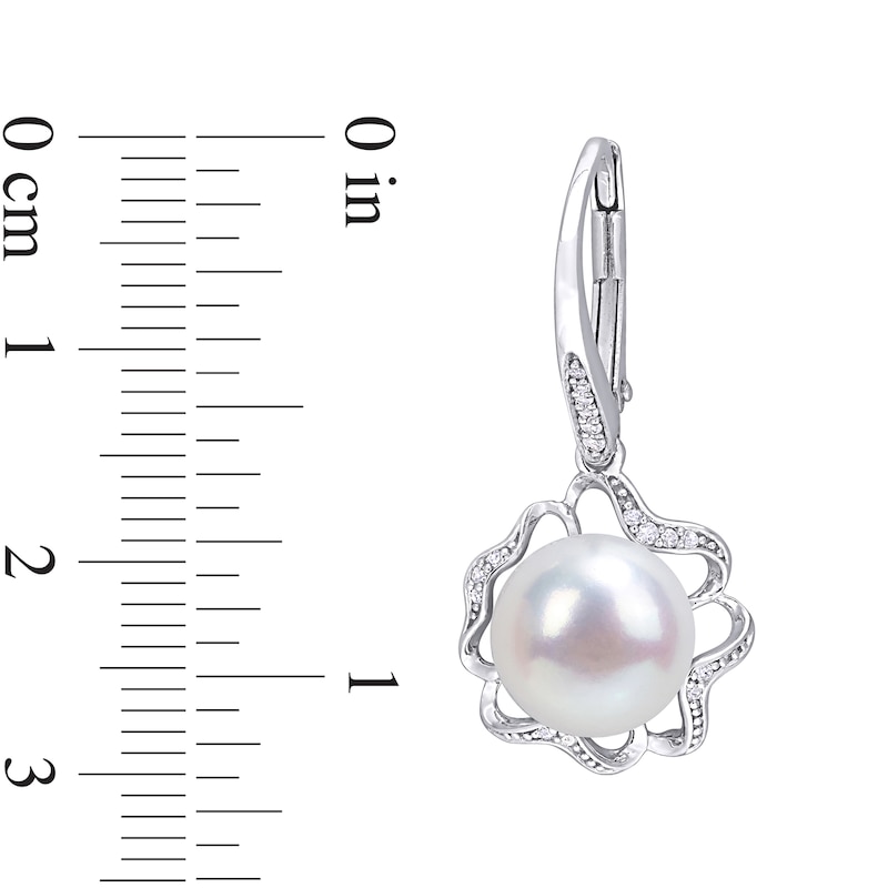 9.0-9.5mm Button Cultured Freshwater Pearl and 0.118 CT. T.W. Diamond Clover Frame Drop Earrings in Sterling Silver