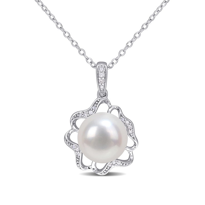 9.5-10.0mm Button Cultured Freshwater Pearl and 0.06 CT. T.W. Diamond Clover Frame Drop Pendant in Sterling Silver