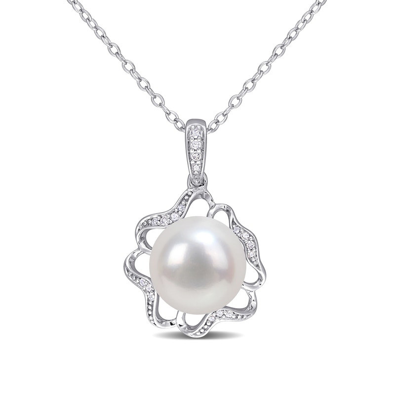 Main Image 1 of 9.5-10.0mm Button Freshwater Cultured Pearl and 0.06 CT. T.W. Diamond Clover Frame Drop Pendant in Sterling Silver