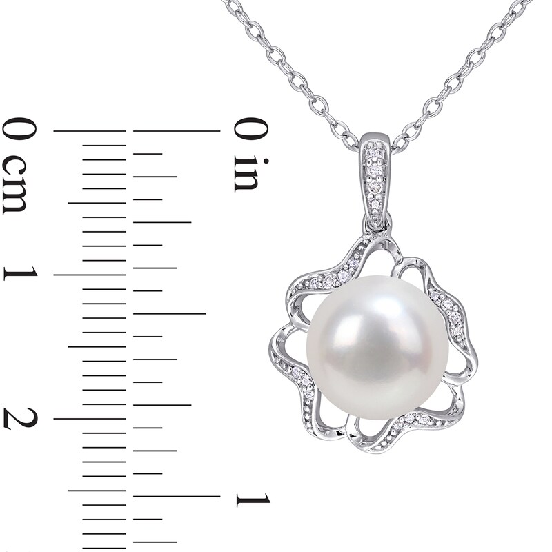 9.5-10.0mm Button Cultured Freshwater Pearl and 0.06 CT. T.W. Diamond Clover Frame Drop Pendant in Sterling Silver