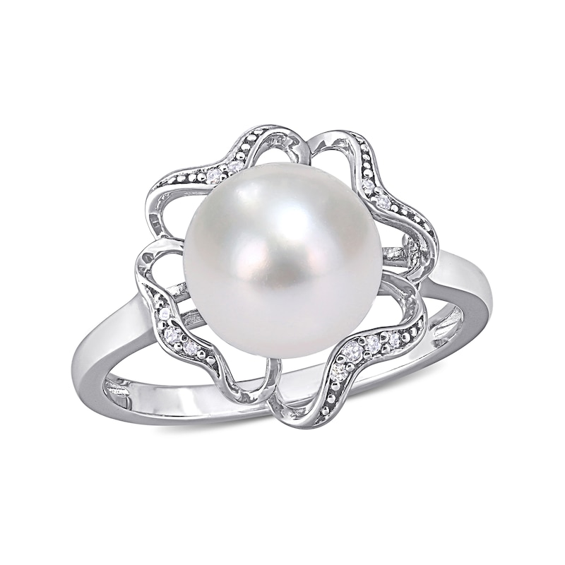 9.0-9.5mm Button Cultured Freshwater Pearl and Diamond Accent Clover Frame Ring in Sterling Silver|Peoples Jewellers