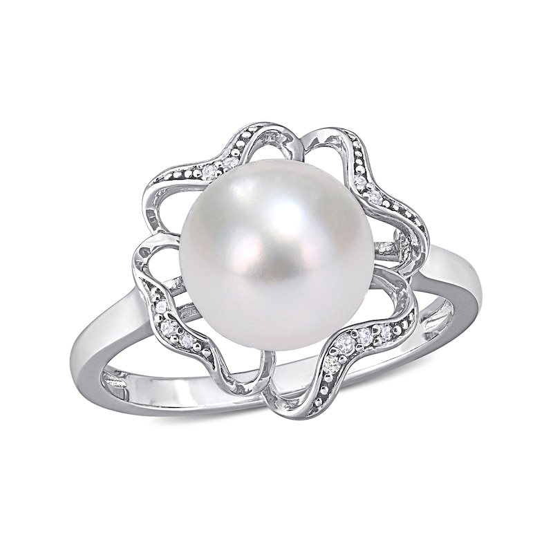 9.0-9.5mm Button Cultured Freshwater Pearl and Diamond Accent Clover Frame Ring in Sterling Silver