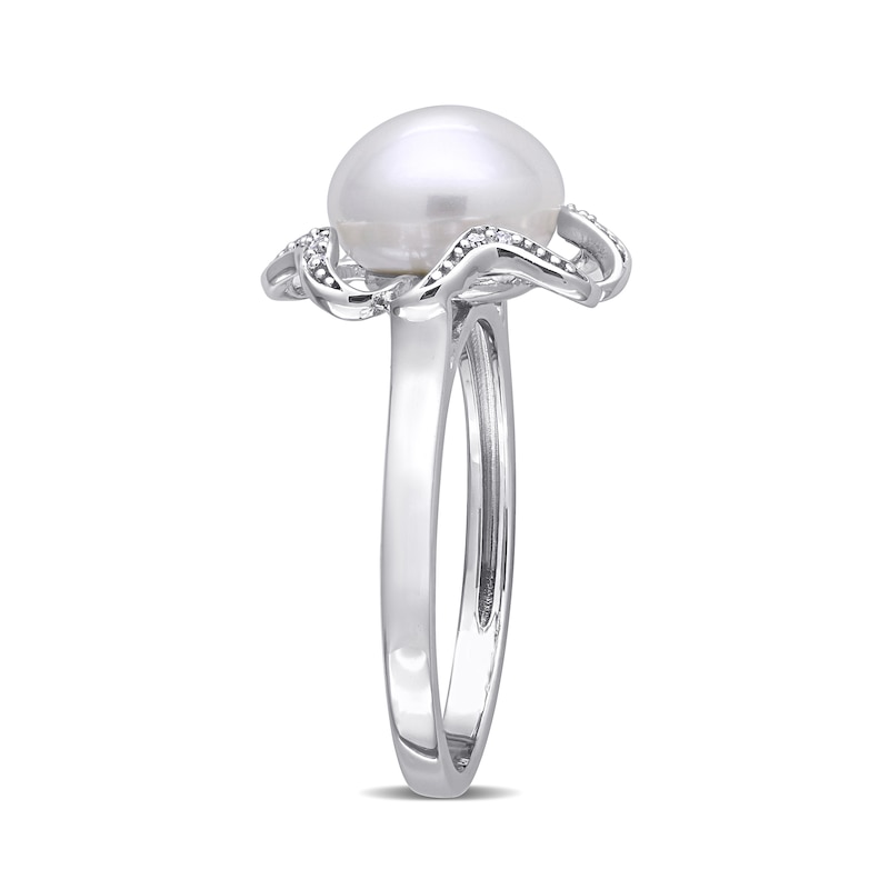9.0-9.5mm Button Cultured Freshwater Pearl and Diamond Accent Clover Frame Ring in Sterling Silver