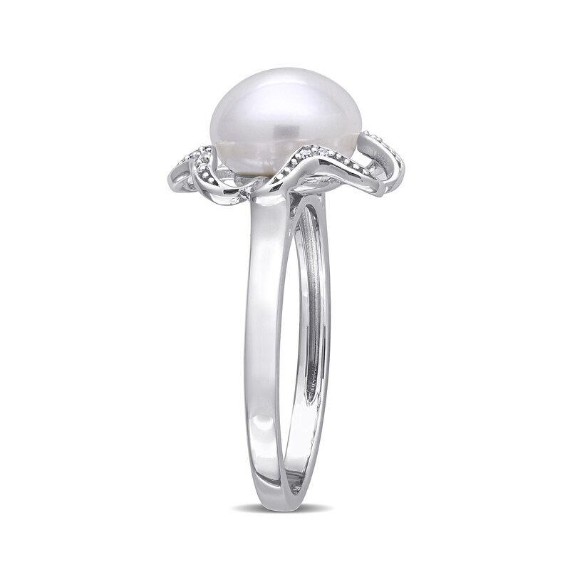 Main Image 3 of 9.0-9.5mm Button Freshwater Cultured Pearl and Diamond Accent Clover Frame Ring in Sterling Silver