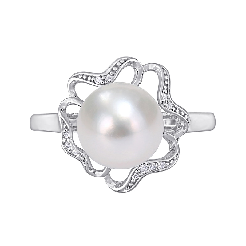 9.0-9.5mm Button Cultured Freshwater Pearl and Diamond Accent Clover Frame Ring in Sterling Silver