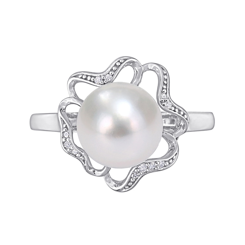 Main Image 4 of 9.0-9.5mm Button Freshwater Cultured Pearl and Diamond Accent Clover Frame Ring in Sterling Silver