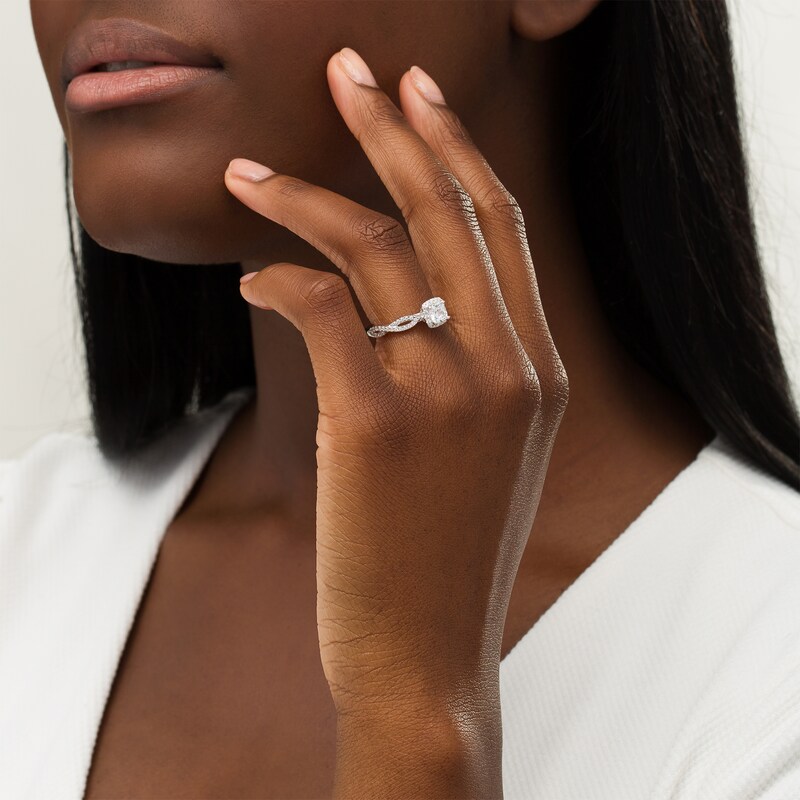 Main Image 2 of Kleinfeld® 0.83 CT. T.W. Cushion-Cut Diamond Frame Twist Shank Engagement Ring in 14K White Gold
