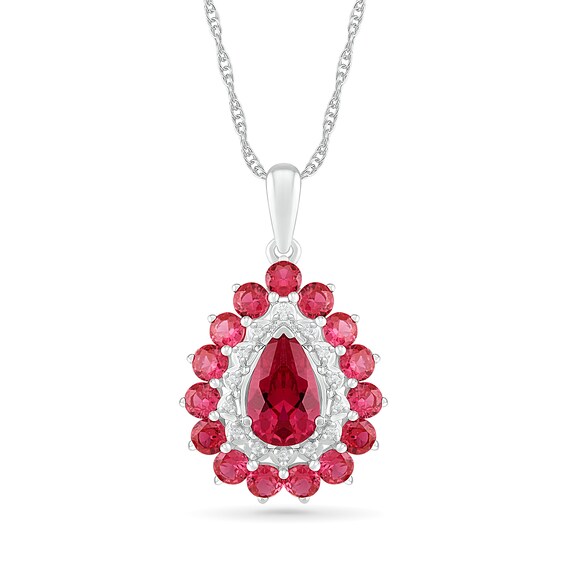 Pear-Shaped Lab-Created Ruby and White Sapphire Double Frame Drop Pendant in Sterling Silver