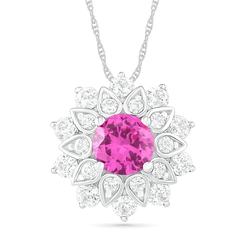 5.0mm Lab-Created and White Sapphire Frame Flower Pendant in Sterling Silver
