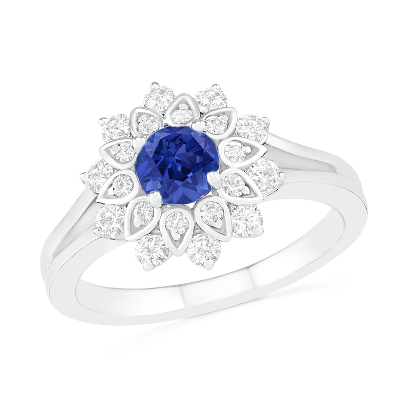 5.0mm Lab-Created Blue and White Sapphire Frame Split Shank Flower Ring in Sterling Silver