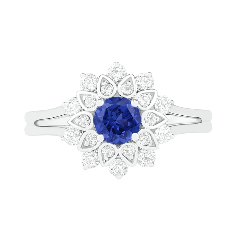 5.0mm Lab-Created Blue and White Sapphire Frame Split Shank Flower Ring in Sterling Silver
