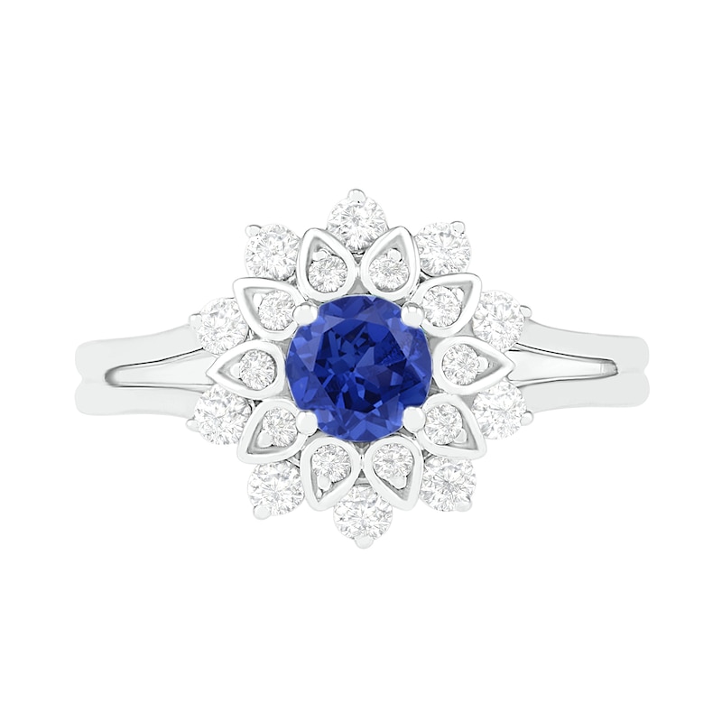 Main Image 3 of 5.0mm Lab-Created Blue and White Sapphire Frame Split Shank Flower Ring in Sterling Silver