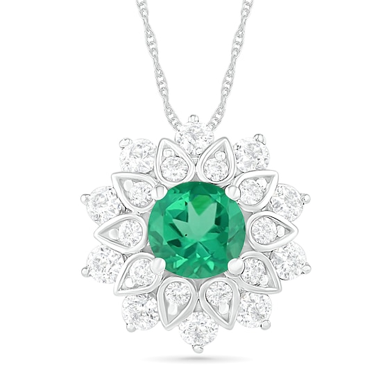5.0mm Lab-Created Emerald and White Sapphire Frame Flower Pendant in Sterling Silver