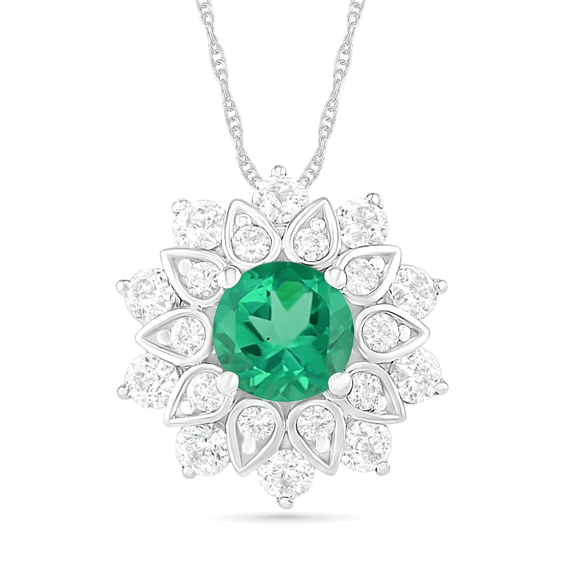 5.0mm Lab-Created Emerald and White Sapphire Frame Flower Pendant in Sterling Silver