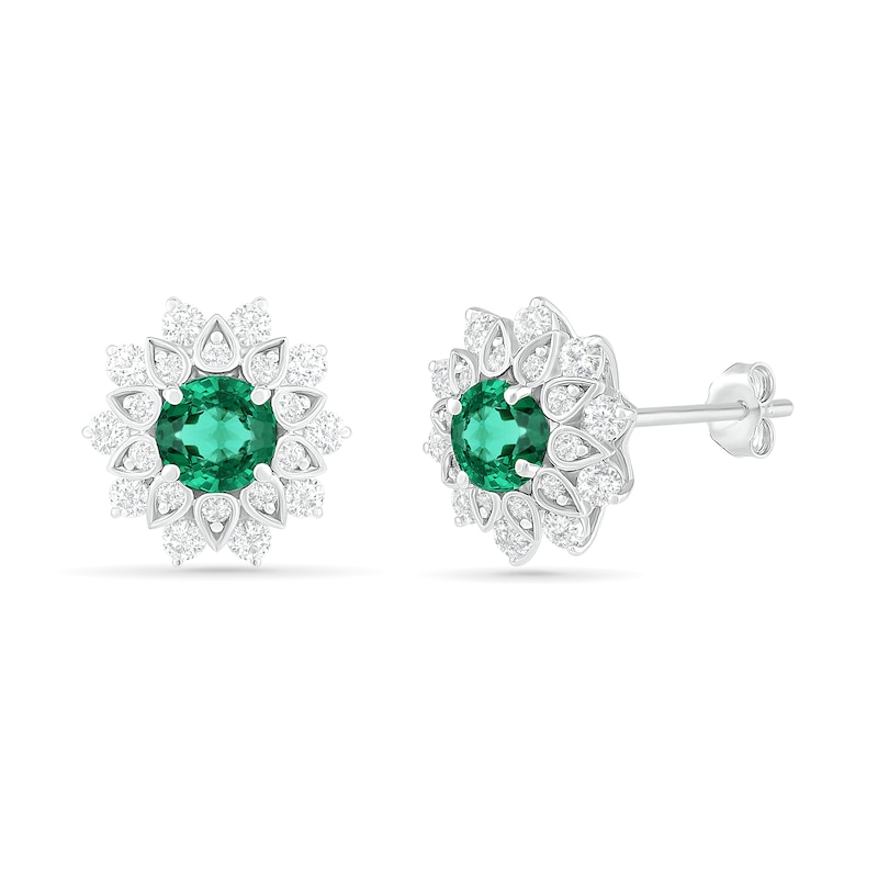 Main Image 1 of 5.0mm Lab-Created Emerald and White Sapphire Frame Flower Stud Earrings in Sterling Silver
