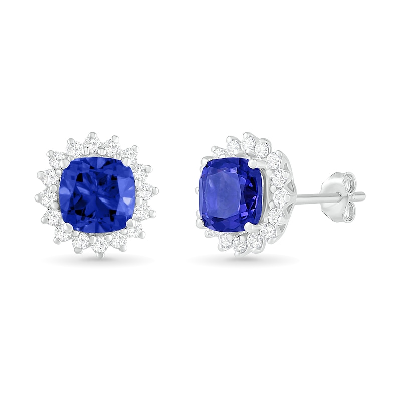 6.0mm Cushion-Cut Lab-Created Blue and White Sapphire Sunburst Frame Stud Earrings in Sterling Silver