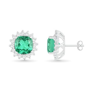 6.0mm Cushion-Cut Lab-Created Emerald and White Sapphire Sunburst Frame Stud Earrings in Sterling Silver