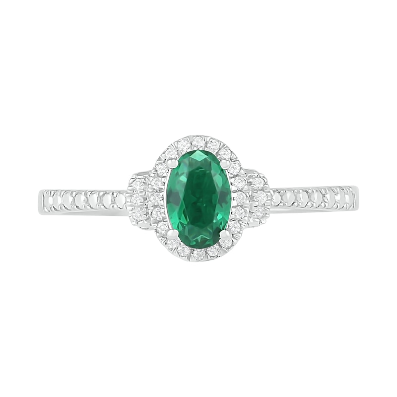 Oval Lab-Created Emerald and 0.065 CT. T.W. Diamond Frame Collar Bead Shank Ring in Sterling Silver
