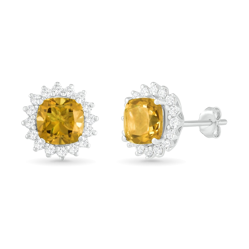 6.0mm Cushion-Cut Citrine and White Lab-Created Sapphire Sunburst Frame Stud Earrings in Sterling Silver|Peoples Jewellers