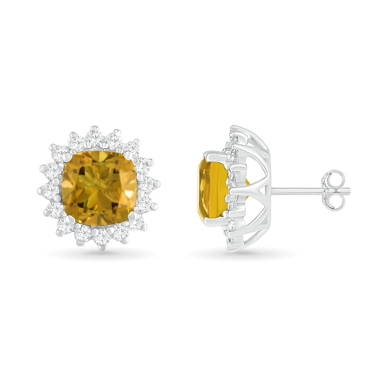 Main Image 2 of 6.0mm Cushion-Cut Citrine and White Lab-Created Sapphire Sunburst Frame Stud Earrings in Sterling Silver