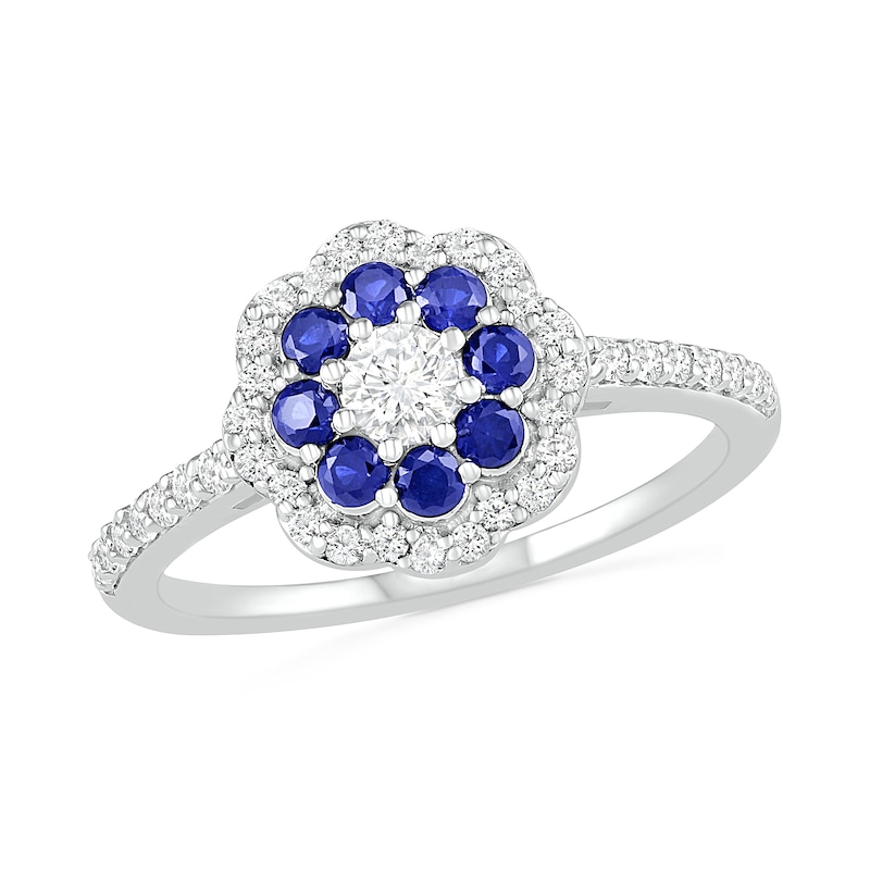 3.4mm White and Blue Lab-Created Sapphire Double Frame Flower Ring in Sterling Silver