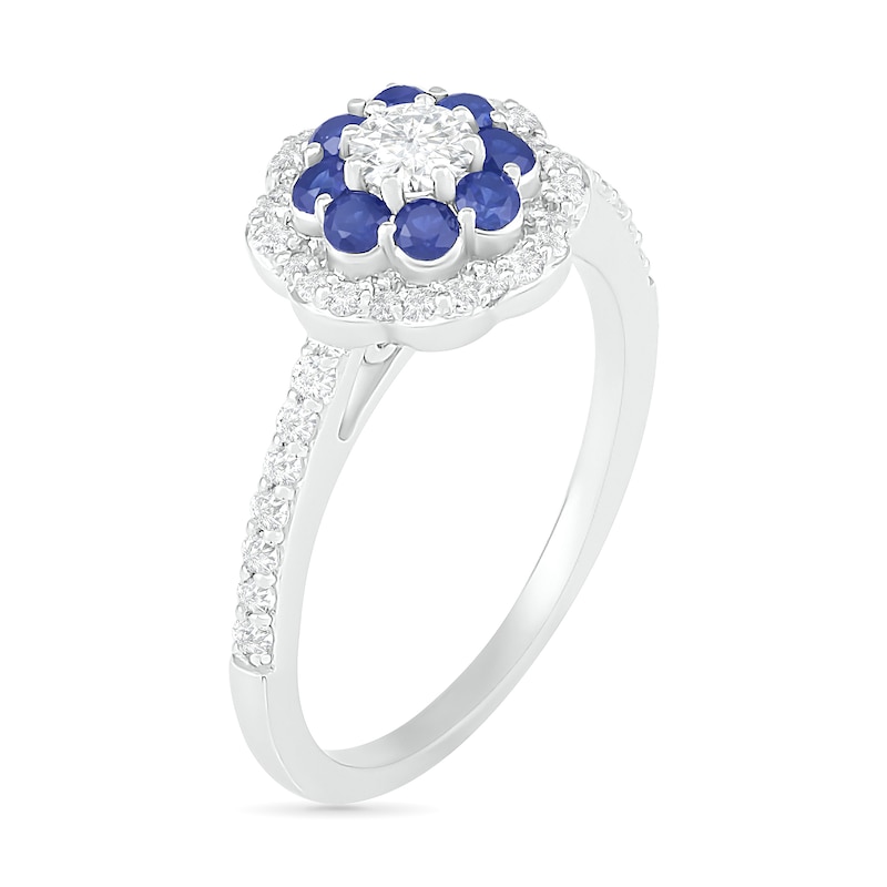 3.4mm White and Blue Lab-Created Sapphire Double Frame Flower Ring in Sterling Silver