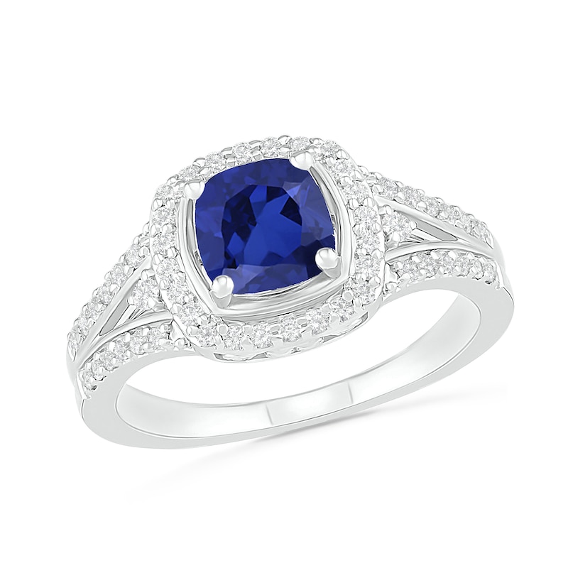 6.0mm Cushion-Cut Blue and White Lab-Created Sapphire Frame Split Shank Ring in Sterling Silver