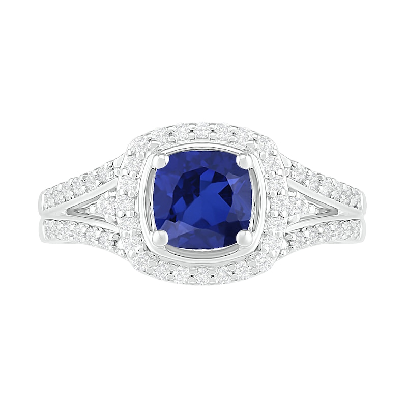 6.0mm Cushion-Cut Blue and White Lab-Created Sapphire Frame Split Shank Ring in Sterling Silver
